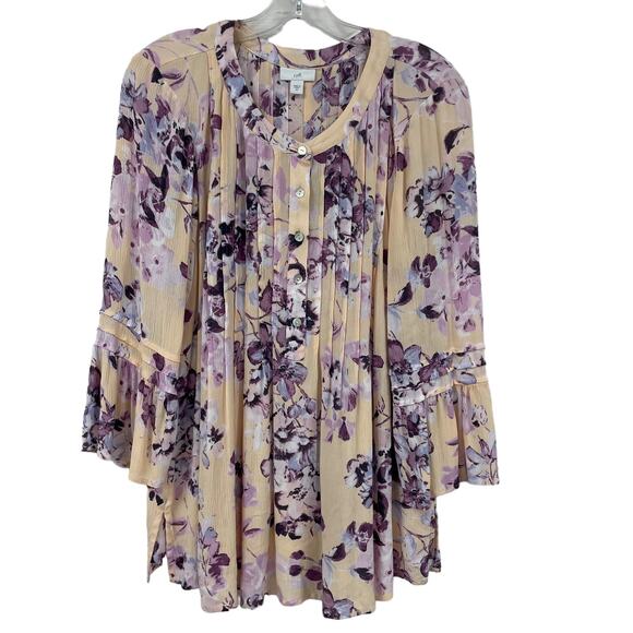 J. Jill Bell Sleeve Button Front Pink Purple Floral Top Womens Medium - Picture 1 of 7